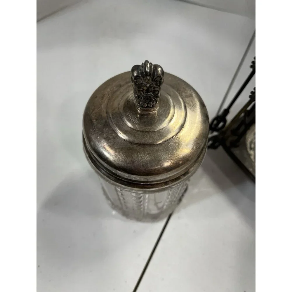 Meridan Silver Plate Co Quadrupleplate Victorian Glass Pickle Castor Jar & Tongs